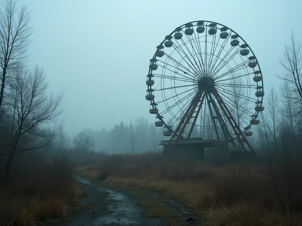 A foggy, abandoned amusement park in Pripyat, Ukraine, featuring a rusted Ferris wheel surrounded by overgrown vegetation, eerie shadows in the distance, gloomy lighting, desolate atmosphere, hyper-realistic, photo-realistic, 8K Ultra HD, cinematic view.