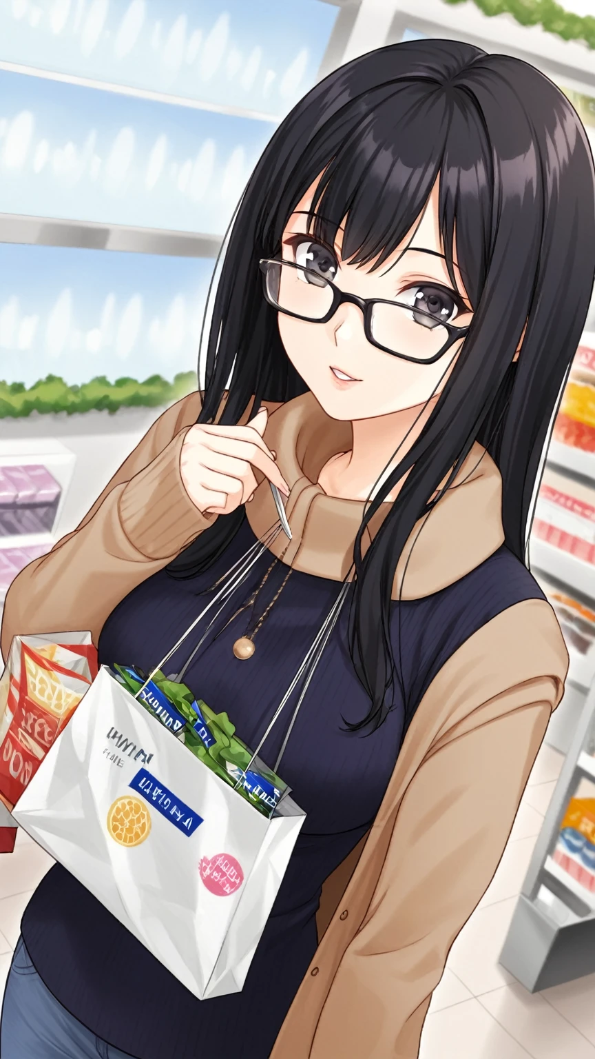 Black hair, long hair, glasses, winter clothes, shopping, shopping mall