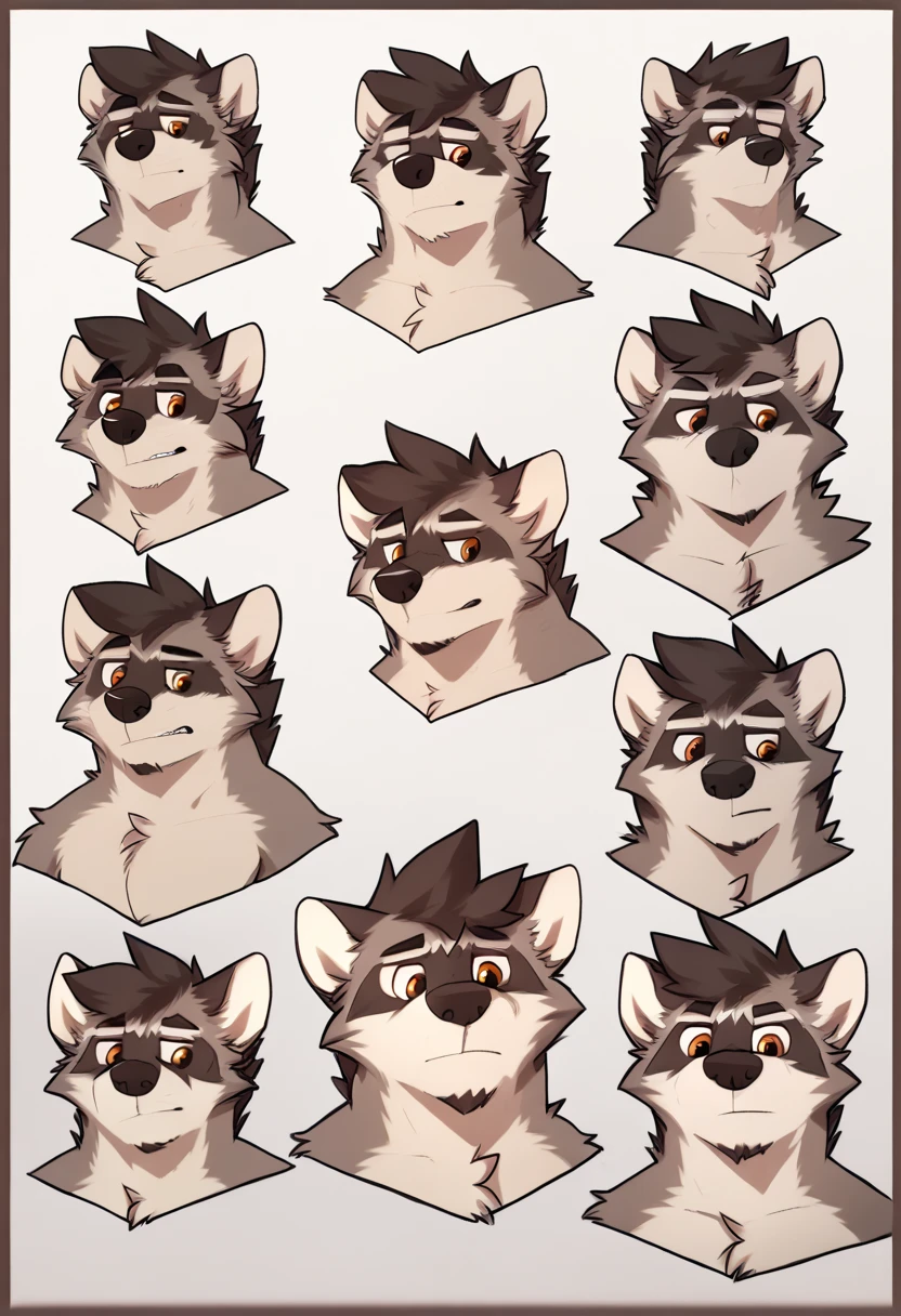 ( better quality ), lobo, Wolf nose ,  Body, hands,  defined pectorals, eyes verdes, eyes ,  short hair,  brown fur  , ((Expressions of practice)), (reference sheet ),  by Pache Riggs