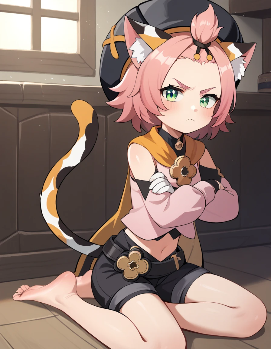 score_9, score_8_up, score_7_up, score_6, source_anime, BREAK diona \(genshin impact\), mngmst_style, 1girl, animal ear fluff, animal ears, annoyed, belt, black shorts, cat ears, cat girl, cat tail, crossed arms, forehead, green eyes, hat, looking at viewer, navel, pink hair, pink shirt, pout, shirt, short hair, shorts, solo, tail, topknot, soles, toes,feet, barefoot,