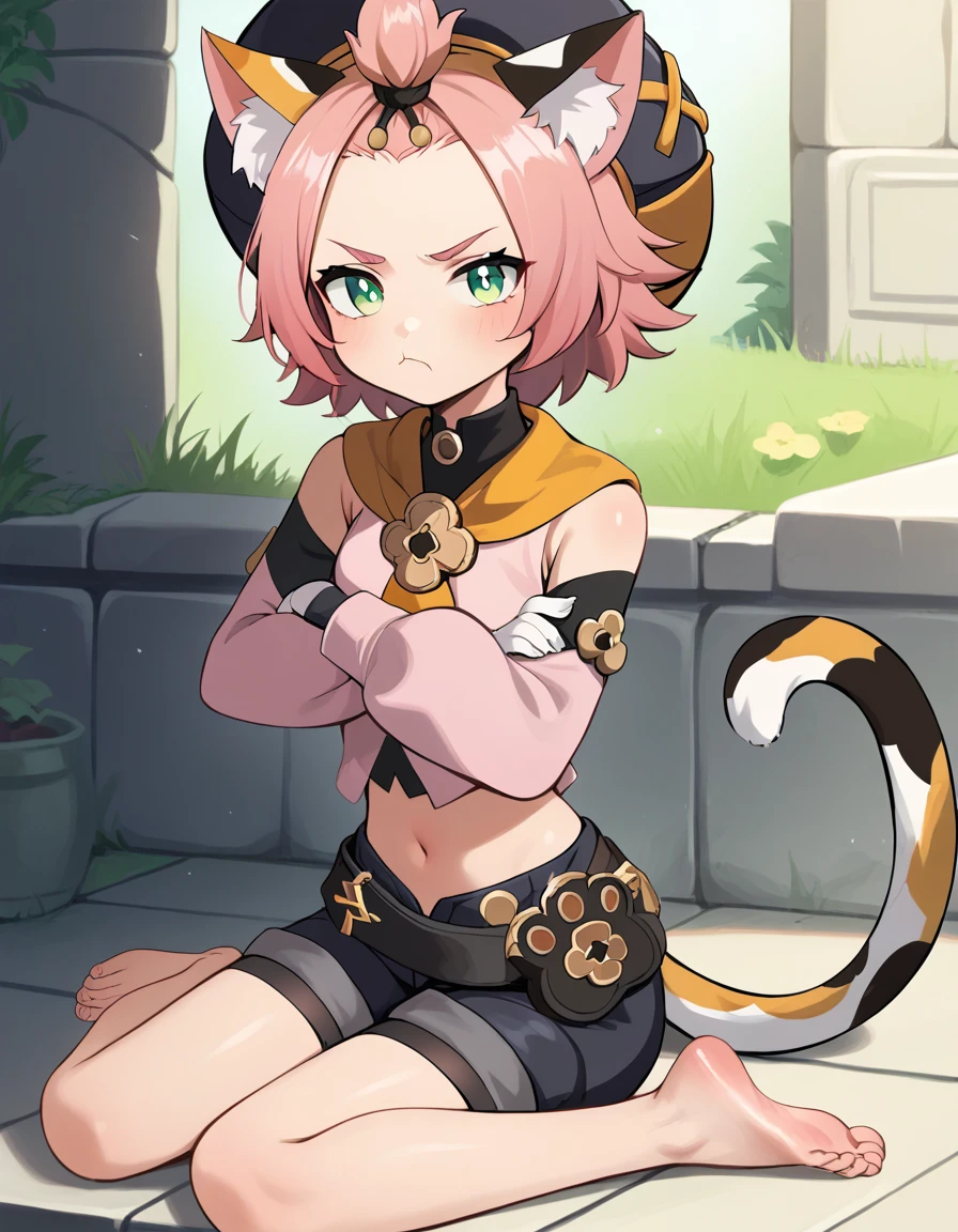 score_9, score_8_up, score_7_up, score_6, source_anime, BREAK diona \(genshin impact\), mngmst_style, 1girl, animal ear fluff, animal ears, annoyed, belt, black shorts, cat ears, cat girl, cat tail, crossed arms, forehead, green eyes, hat, looking at viewer, navel, pink hair, pink shirt, pout, shirt, short hair, shorts, solo, tail, topknot, soles, toes,feet, barefoot,