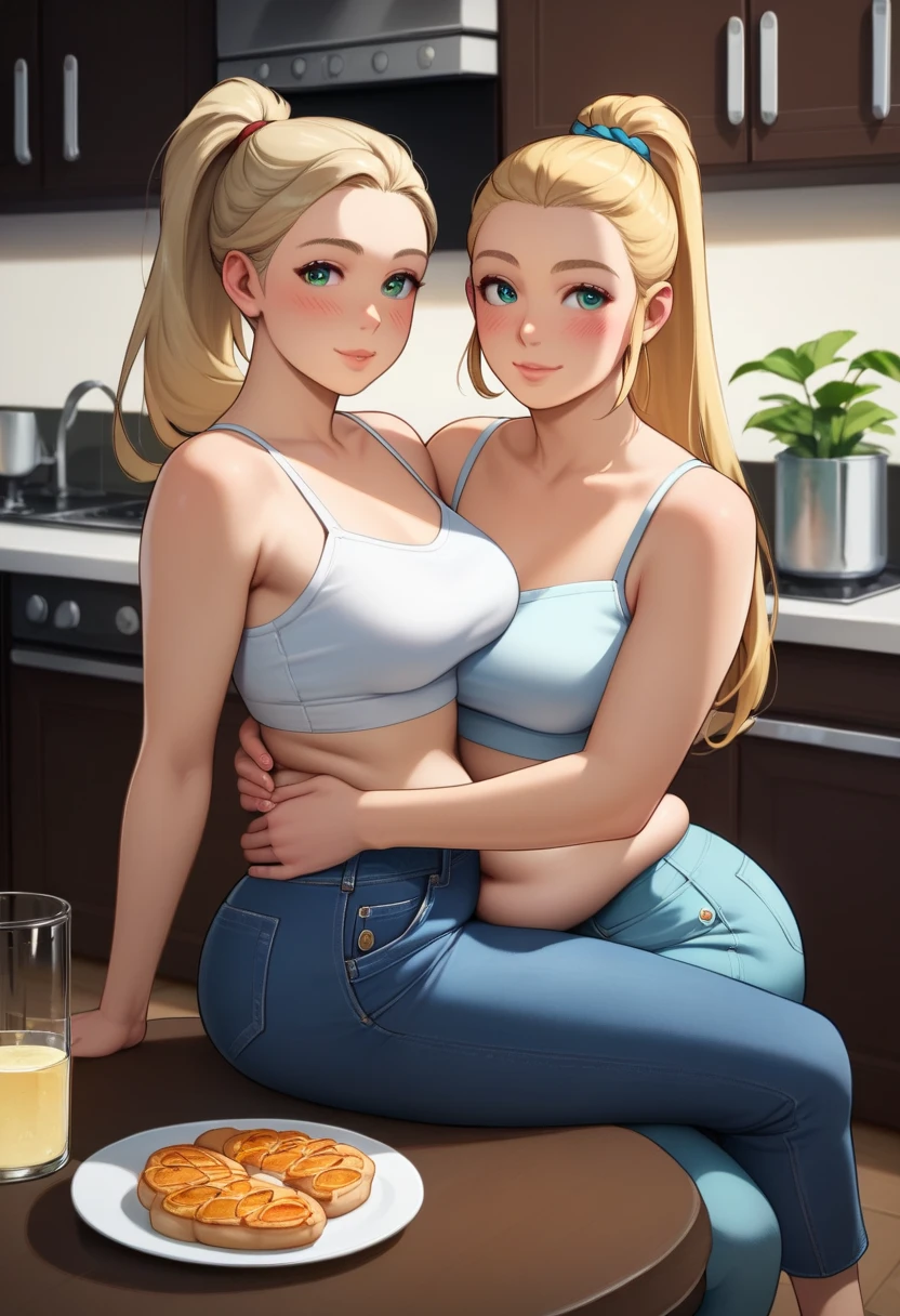 High quality, high resolution, couple, dou, yuri, 2 girls, 1 girl, beautiful, green eyes, blonde hair, slim waist, wide hips, fat butt, pearshaped, small breasts, white crop top, tight jeans, BREAK, 1 girl, cute, blue innocent eyes, blsck long hair, ponytail, fat, saggy Belly,  plump, wide hips, fat butt, fat thighs, fat belly, big breasts, BREAK, kitchen, romantic, seductive, blushing, close to eachother, wooden table, chairs, sexy pose