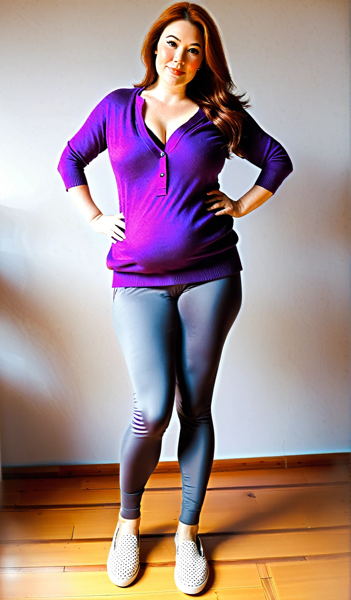 zPDXL2, zPDXLpg, zPDXLrl, A portrait photo of a 26-year-old influencer posing in her lavender yoga outfit, as a backdrop looms behind her. This tanned stunner features a (well-defined hourglass silhouette), (bountiful perky breasts), graceful toned flesh, and a (choppy-messy bob).