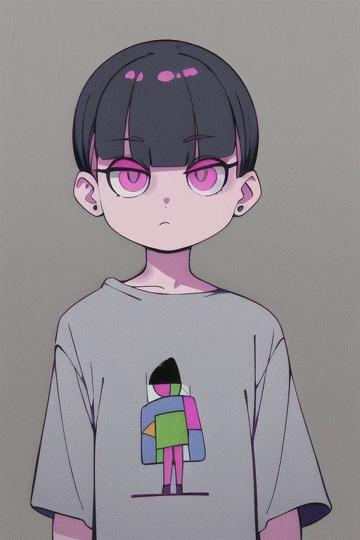  pink eyes , nirachan, toys, bob cut, gray shirt,
standing,  upper body hair short, pattern on the shirt,
 ( silhouette :1.1), ( High resolution:1.1), 4K, 1 , selling