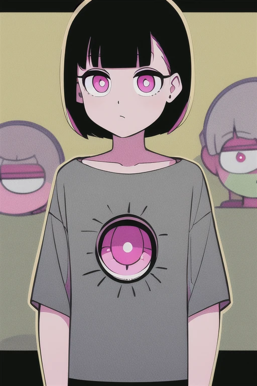  pink eyes , nirachan, toys, bob cut, gray shirt,
standing,  upper body hair short, pattern on the shirt,
 ( silhouette :1.1), ( High resolution:1.1), 4K, 1 , selling