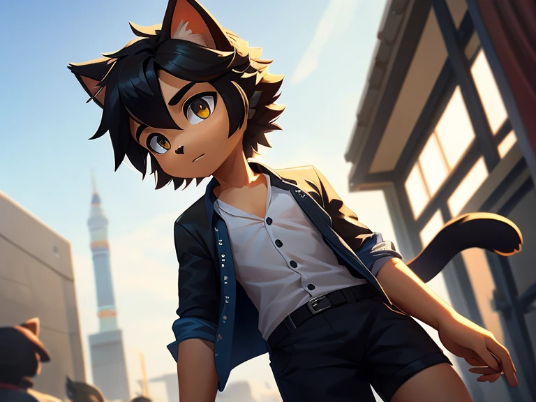 A boy for a cat, thick black hair, a detailed body, an open shirt, short pants, high quality, a masterpiece of art, Drayt Shams, a detailed cinematic shot. 