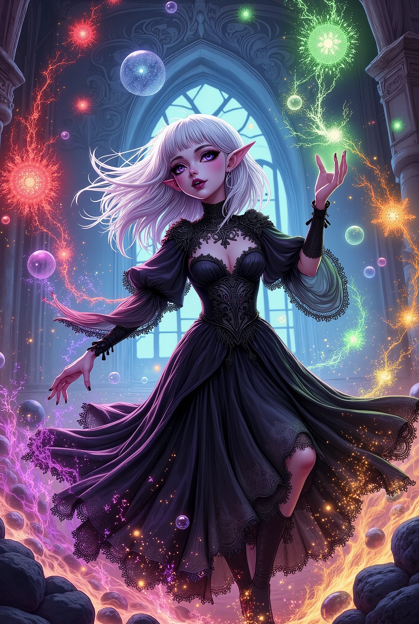 (Ultra-detailed face, Looking away, Fantasy Illustration with Gothic, Rich tone colors), BREAK 
(The dark elf female alchemist dances and sings in large circles with her arms and legs in a relaxed manner as if she were performing a Japanese dance. From the fingertips of her hands, she sends large radishes of red, black, green, blue, purple, orange, and yellow bubbles into the air one after another. The space is filled with foam radishes. The surface of the foam radishes is glossy and shiny and reflective. The bubble radishes are dancing, flying, bouncing, twisting, expanding, and contracting in time with the woman's song. Bubble radishes are floating.), BREAK 
(A young-aged dark elf alchemist with pure white hair and eyebrows, blunt bangs, Very long hair, disheveled by the wind, small pink lips, dark-purple color skin, lavender pupils, Draw thick, dark eyeliner around the eyes.), BREAK 
(A female dark elf alchemist wears a cape of red lace fabric and a large ribbon tie with orange dots. She wears a draped cape dress of lime green with a small yellow flower pattern printed on it. She wears paisley heels.), BREAK 
(This is a magical studio. The room is filled with colorful light, and radishes of light bubbles, radishes of water bubbles, radishes of stone bubbles, radishes of black gas-like bubbles, radishes of glass-like bubbles, and radishes of rainbow-like bubbles are flying around the room.)