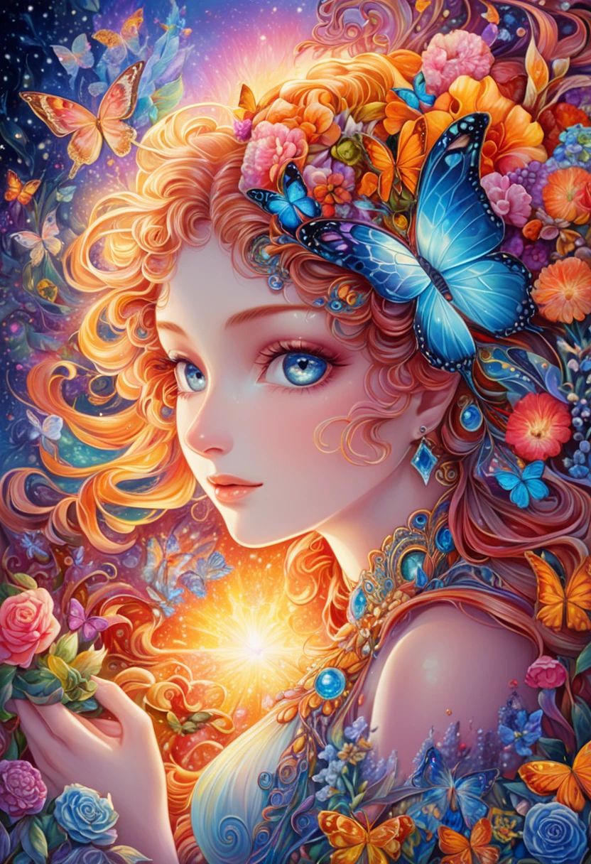 a close up of a woman with a flower and butterflies, an ultrafine detailed painting inspired by Josephine Wall, trending on cg society, psychedelic art, flower goddess, 3 d goddess portrait, a stunning portrait of a goddess, psychedelic goddess, intricate beautiful painting, the butterfly goddess of fire, goddess art, portrait of a beautiful goddess, art deco flower shaman