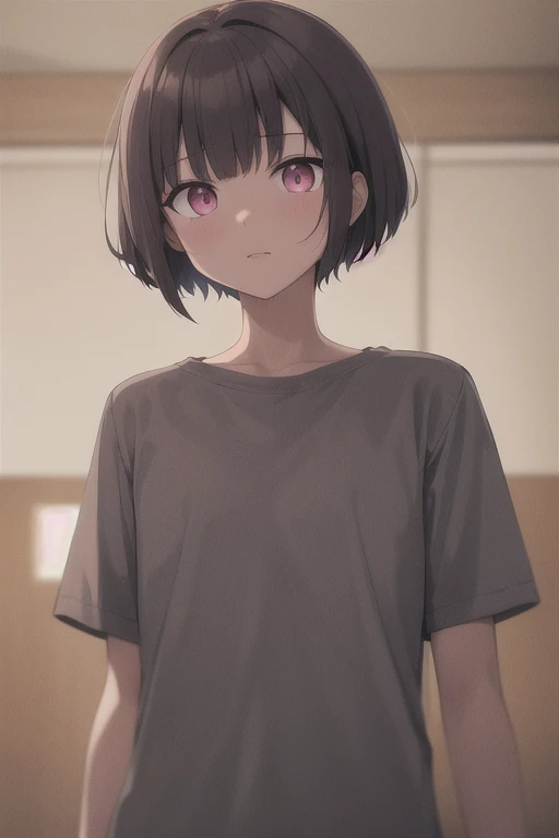  pink eyes , nirachan, toys, bob cut, gray shirt,
standing,  upper body, 
 ( silhouette :1.1), ( High resolution:1.1), 4K, 1 , 