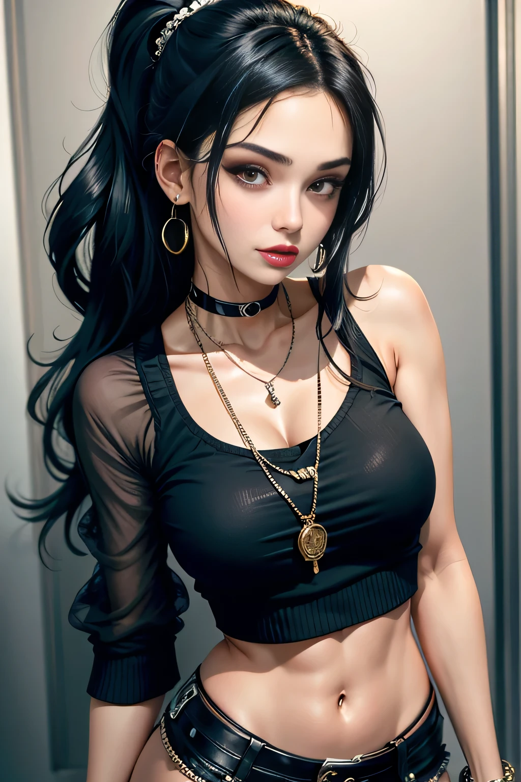 The image displays a young woman with a style reminiscent of the 1920s fashion blended with a modern twist. She has wavy hair, short at the nape with longer, voluminous curls on top, dyed with a transition from dark brown to pale pink. Her makeup is flawless, featuring lined eyes, long lashes, and red lips., She wears an elegant short-sleeved black blouse with a polka dot pattern and details of golden hearts, and sports a matching belt that cinches her waist. The blouse has a modest neckline and is adorned with a hanging cross pendant. Accessories include various bracelets and bangles of gothic style, as well as large hoop earrings., Her stance is flirty and confident, with one hand on her hip and the other gently touching her neck, giving the impression that she is posing with assurance and a playful attitude., masterpiece, textured skin, super detail, best quality, highres