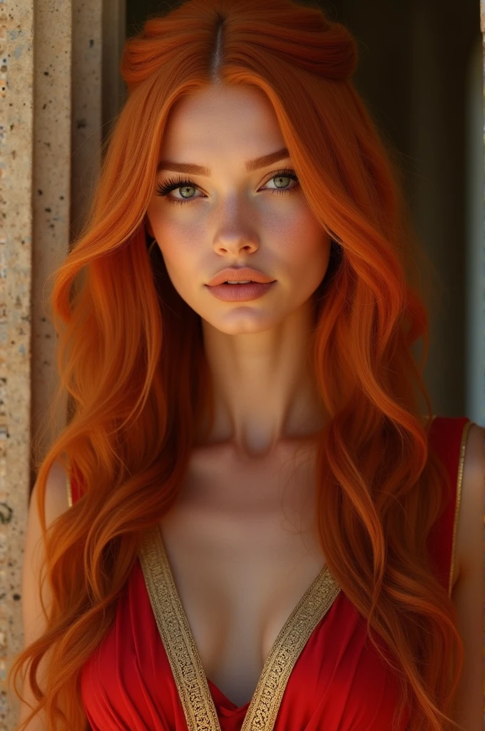 there is a Mulher com cabelo ruivo posing for a picture, red hair and attractive features, mulher ruiva, linda mulher ruiva, Mulher com cabelo ruivo, uma jovem ruiva, foto de uma linda mulher, Red head, jovem ruiva, deusa ruiva, cabelo ruivo longo e brilhante, pele vermelha lisa, flowing red hair, garota ruiva