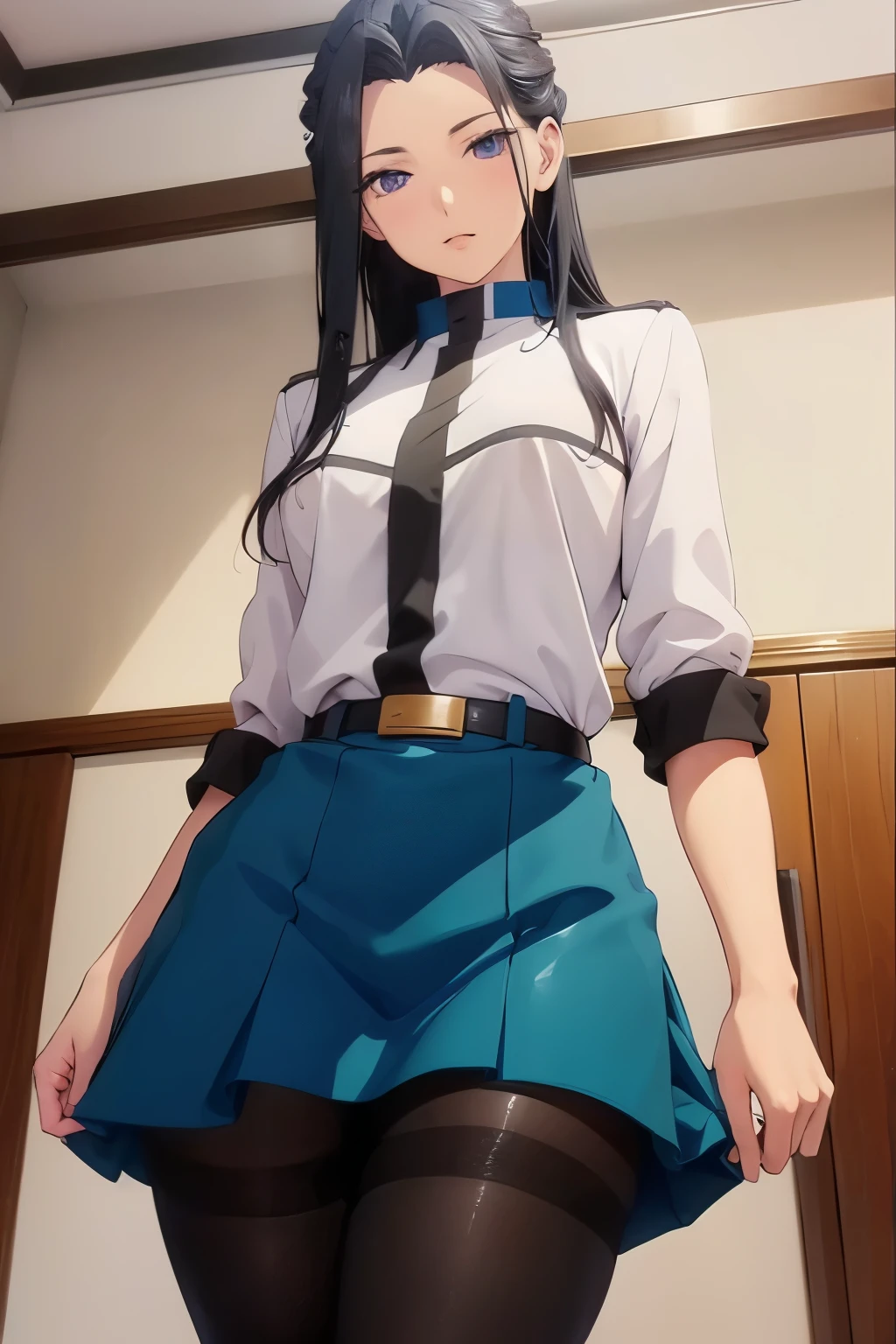 (fat legs), ((front of school)), ((perfect hands)), ((glossy pantyhose)), (finely detailed eyes and detailed face:1.3), (extremely fine and beautiful:1.1), (Perfect details:1.1), Rea Katagiri, World's end harem, ((glossy pantyhose)), blue eyes, black hair, sexy legs, skirt, dress, belt, sweater,