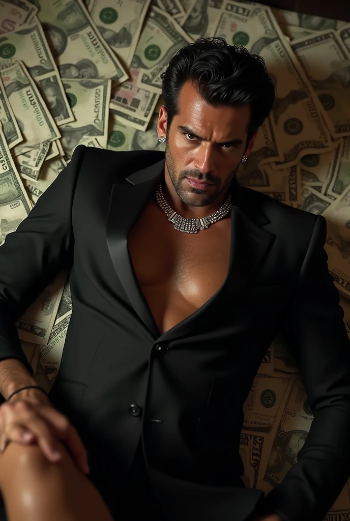 young hispanic man with long hair bathing in money
