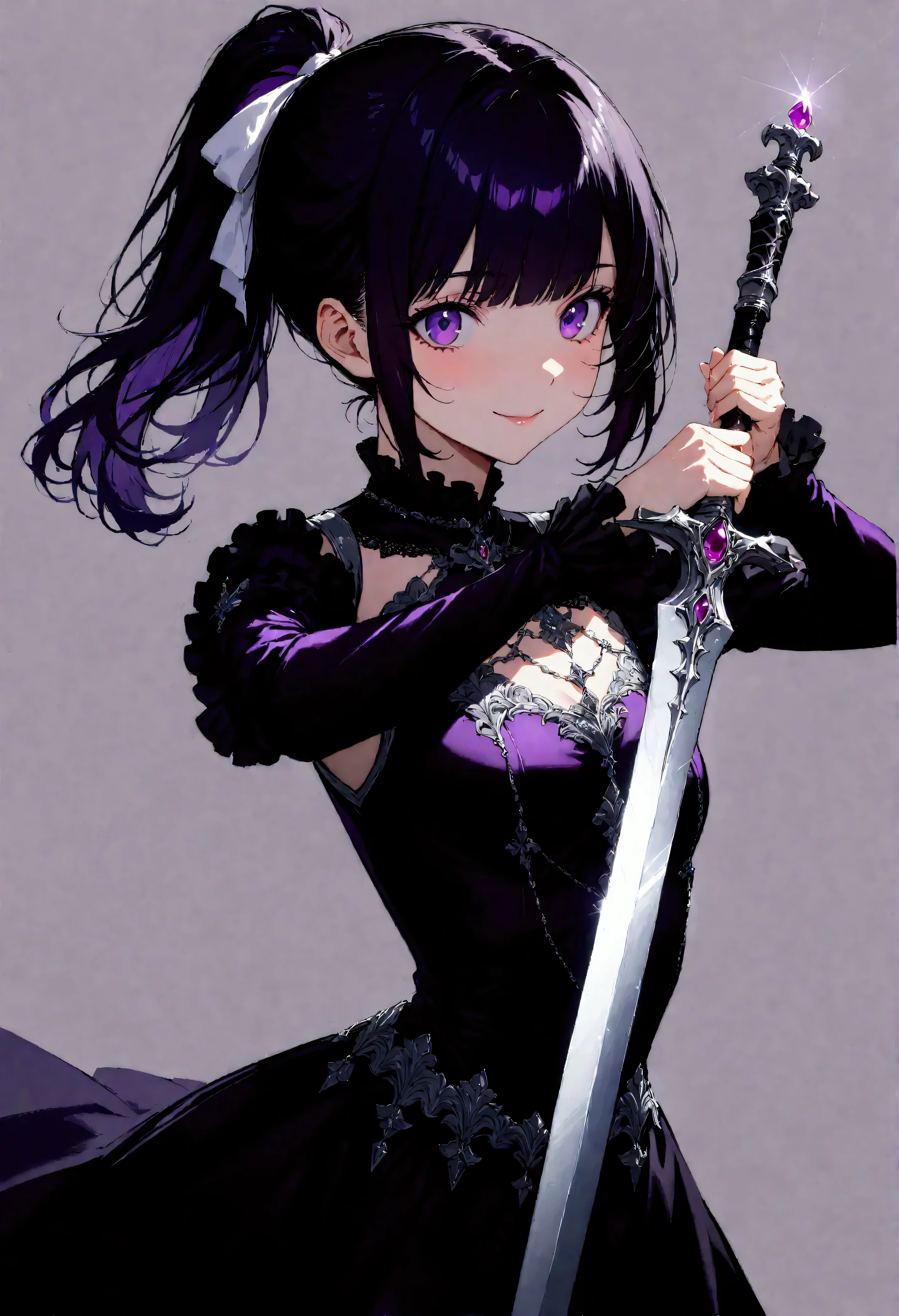 (masterpiece),(absurdres),solo lady,(23-year-old),shiny black hair,(shiny purple eyes),bangs,short highponytail,(1white ribbon;1.1),(middle breast:0.5),(silver detailed),(silver detailed),(Gothic dress:1.1)、smile,cowboy shot,(simple light purple background:1.3),bangs、(grabs Sword:0.7)