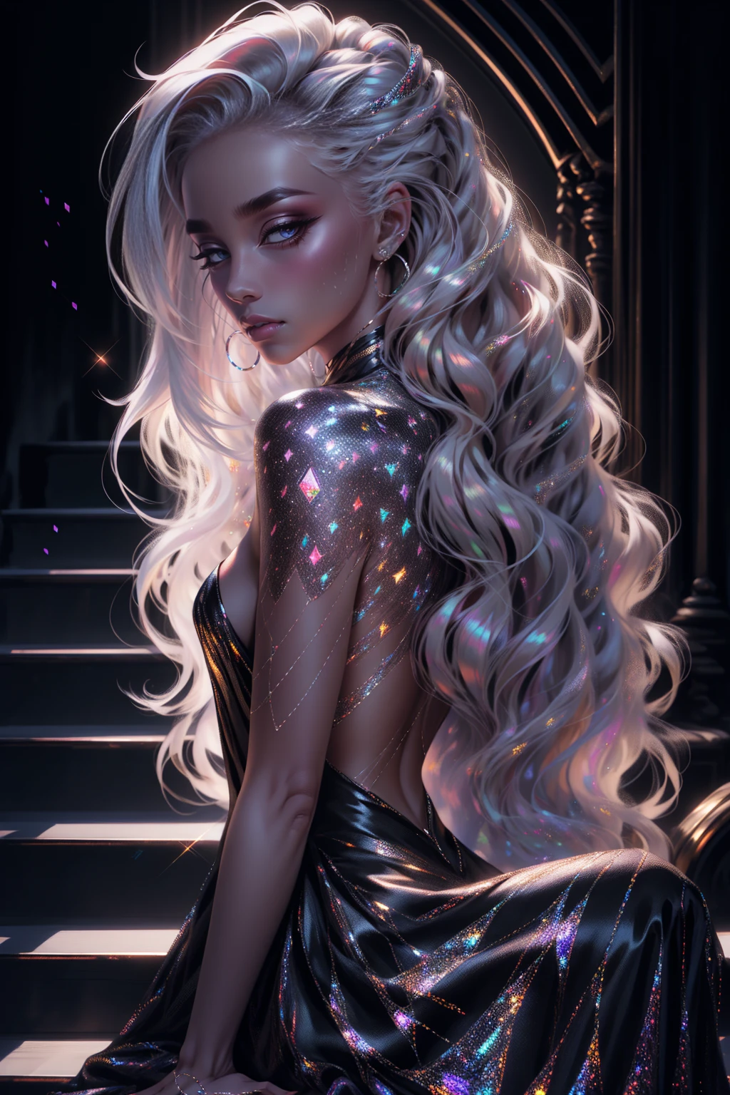 woman, goddess, (dark purple skin:1.2), (glittering sparkling skin:1.3), (perfect face), defined jawline, beautiful lips, (glowing blue eyes), (long wavy flowing white iridescent hair:1.2), (sparkling hair), (looking off to the distance), POV from below, (medium shot photograph), (beautiful vibrant cosmic galaxy background), realistic