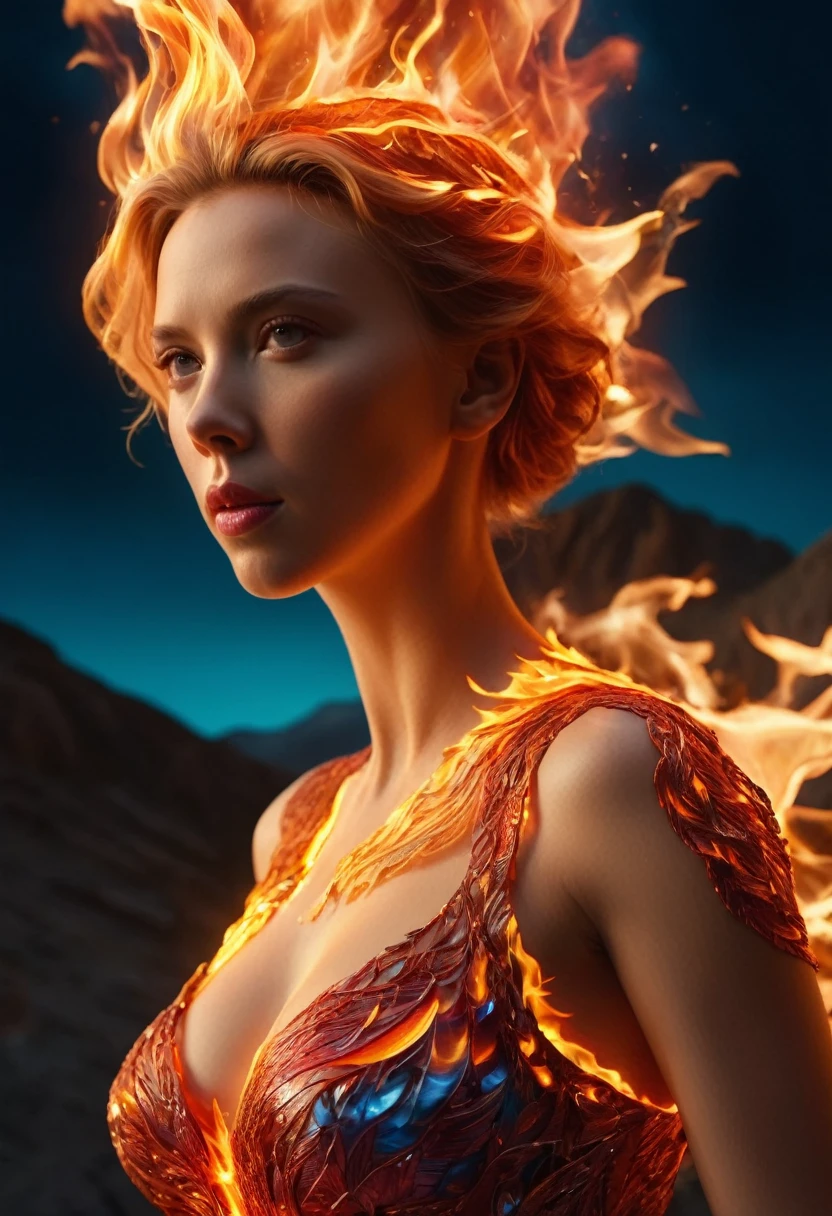 (The masterpiece,  high quality,  best quality  at best,  official art ,  beauty and aesthetics :1.2),(theelementoffire:1.4),（****ung woman：1.6，，(Scarlett Johansson （Scarlett Johansson）play））, composed of fire elements，Hochrealistic,Transparency,Sci-Fi lighting effects,a skirt,[Flame，Hohepunkt ，（realistic：1.4），RAW-Photogr， vivid colors， flow and movement 。standing on a mountain ，the giant，sexy gesture ，The barefoot，without shoes， Deep background ， wonderful and incredible ， epic work ，(intricate details，Hyper-Detailed:1.2)，Art stations，（The masterpiece， best quality ）ultrarealisticer Realismus,  Cel shadow , anaglyph, Stereogramme,  Blickwinkel , Film lighting, 8k, Super Detailing, Acura,  best quality  at best, A high-resolution, Award-Winning,  correct anatomy ， delicate face ，