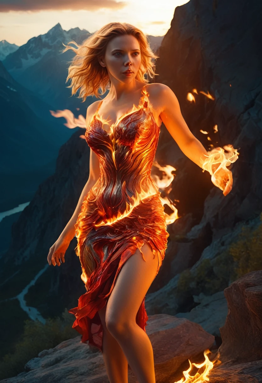 (The masterpiece,  high quality,  best quality  at best,  official art ,  beauty and aesthetics :1.2),(theelementoffire:1.4),（****ung woman：1.6，，(Scarlett Johansson （Scarlett Johansson）play））, composed of fire elements，Hochrealistic,Transparency,Sci-Fi lighting effects,a skirt,[Flame，Hohepunkt ，（realistic：1.4），RAW-Photogr， vivid colors， flow and movement 。standing on a mountain ，the giant，sexy gesture ，The barefoot，without shoes， Deep background ， wonderful and incredible ， epic work ，(intricate details，Hyper-Detailed:1.2)，Art stations，（The masterpiece， best quality ）ultrarealisticer Realismus,  Cel shadow , anaglyph, Stereogramme,  Blickwinkel , Film lighting, 8k, Super Detailing, Acura,  best quality  at best, A high-resolution, Award-Winning,  correct anatomy ， delicate face ，