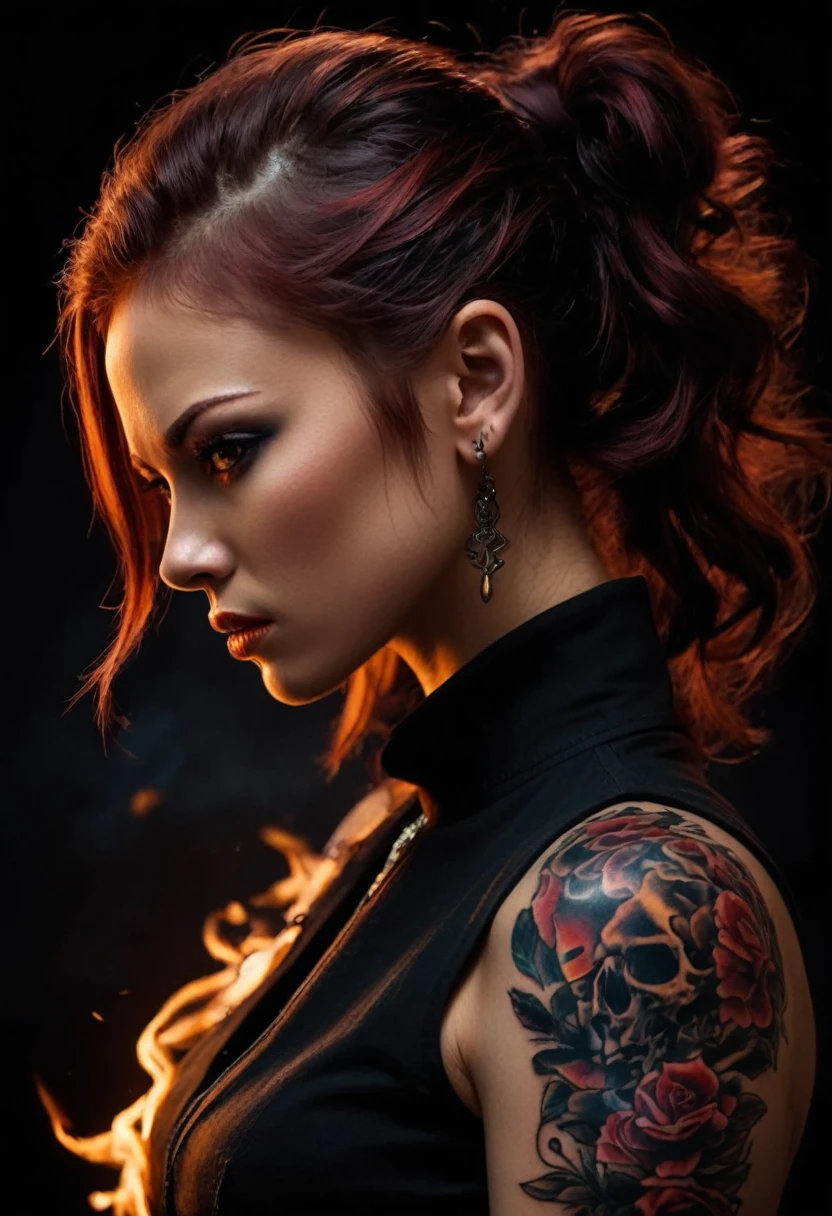  tattoo girl, Very nice,  killer ,  handsome man , betrayal, anger,  dark background , 8k,  dynamic wallpaper , very sensitive, Very dense   