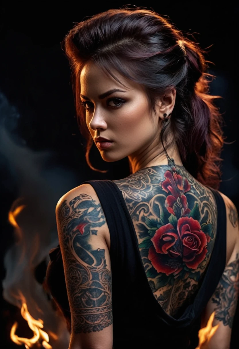  tattoo girl, Very nice,  killer ,  handsome man , betrayal, anger,  dark background , 8k,  dynamic wallpaper , very sensitive, Very dense   