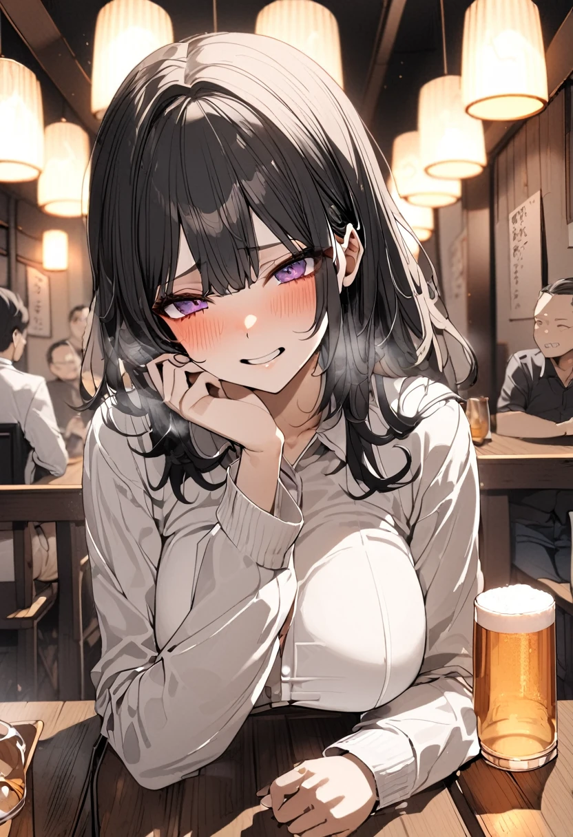 a bar counter,Dark hair,girl wearing hoodie,a smile