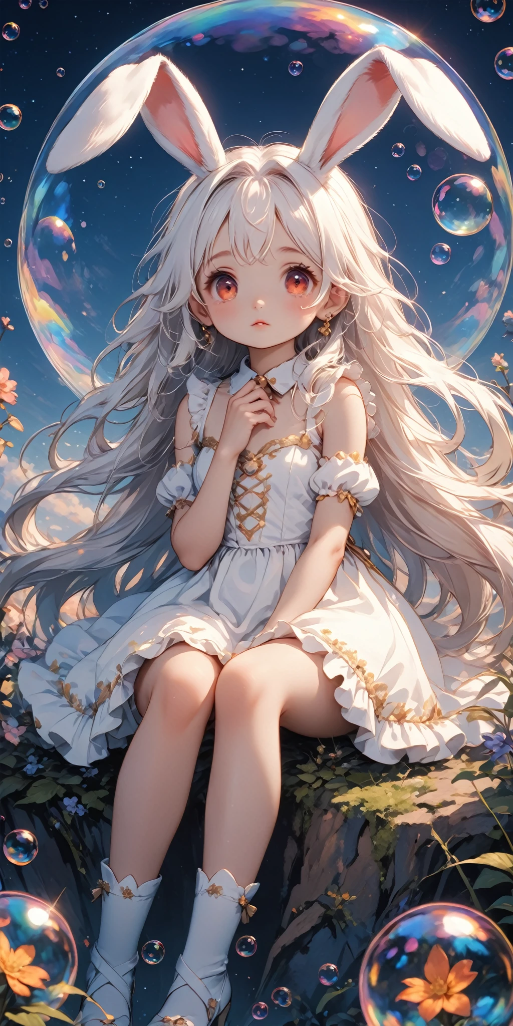 solo,1girl\((chibi:1.3),cute,kawaii,(white hair:1.7),(very long hair:1.7),bangs,(ear\(fluffy white bunny-ear\):1.4),(red eye),big eye,beautiful shiny eye,(((skin color white))),big hairbow,(white dress:1.3), (sit on (bubble:1.3)\(huge,gigantic,beautiful,shining in vivid cosmic color,(transparent:1.3),(float in sky high:1.4)\):1.5) \). BREAK .background\(night sky,stars, calescent-moon\). BREAK .quality\(8k,wallpaper of extremely detailed CG unit, high resolution, top-quality, top-quality real texture skin, hyper realistic, increase the resolution, RAW photos, best quality, highly detailed, the wallpaper, golden ratio, high saturation realism, vibrant colors, dramatic lighting, persuasive storytelling, atmospheric scenery, captivating visuals, intricate details, strong emotions, dreamlike world\),(from below),(longshot:1.3),(dynamic angle:1.2),(landscape:1.3)