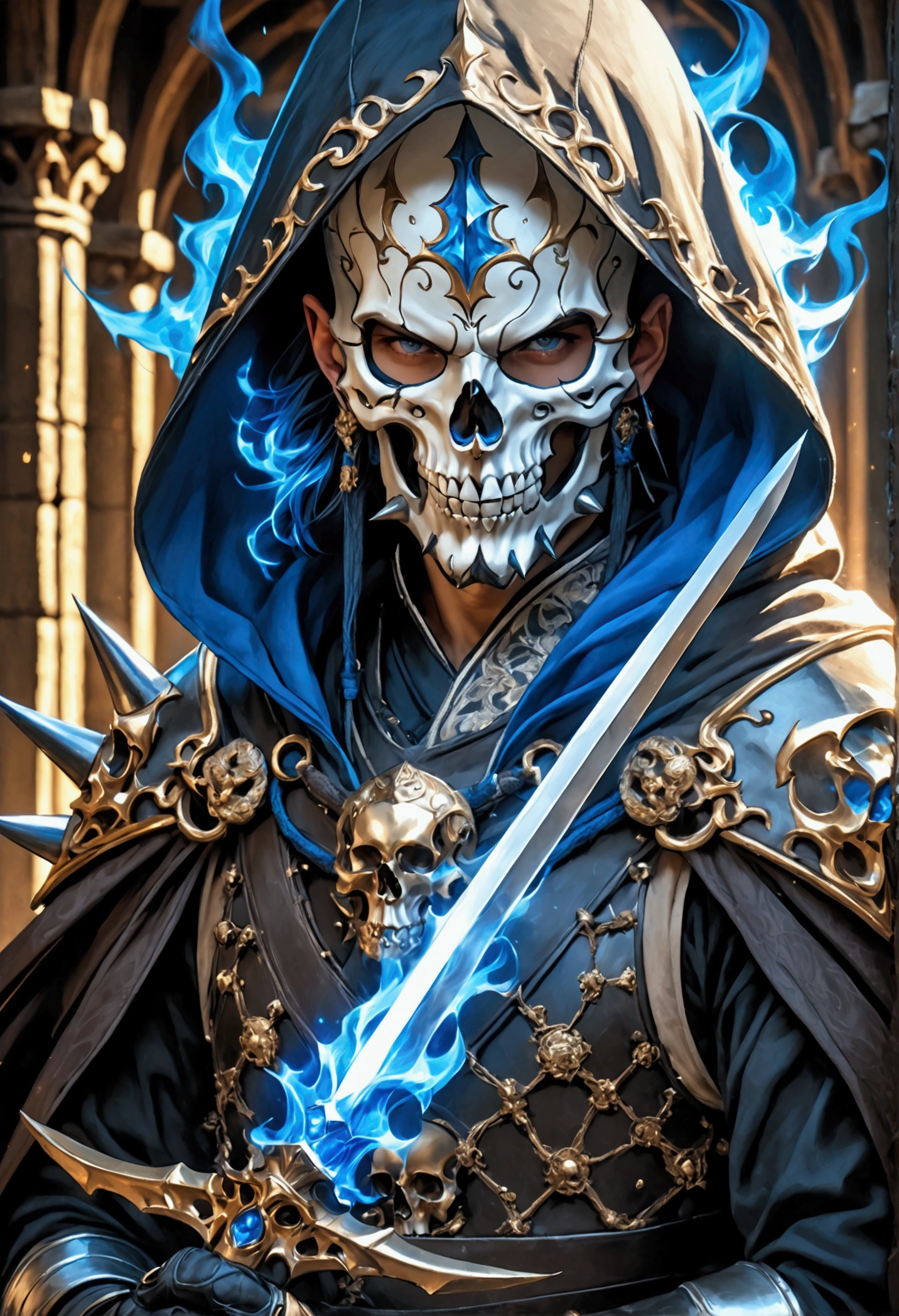 ha sang,1boy,skull mask,armor,male focus,solo,weapon,sword,spikes,looking at viewer,blue_fire,cloak,hood up,holding,(masterpiece), (best quality), HDR, intricate detail,