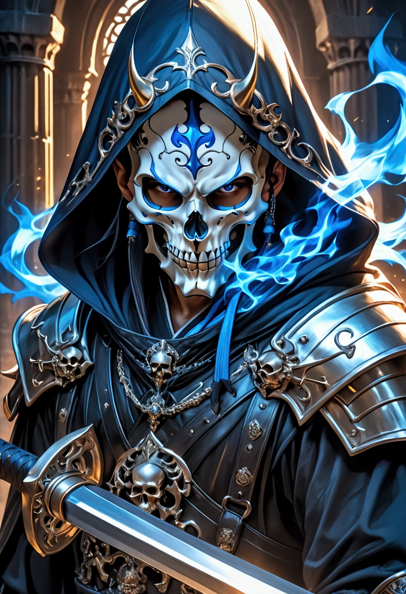 ha sang,1boy,skull mask,armor,male focus,solo,weapon,sword,spikes,looking at viewer,blue_fire,cloak,hood up,holding,(masterpiece), (best quality), HDR, intricate detail,