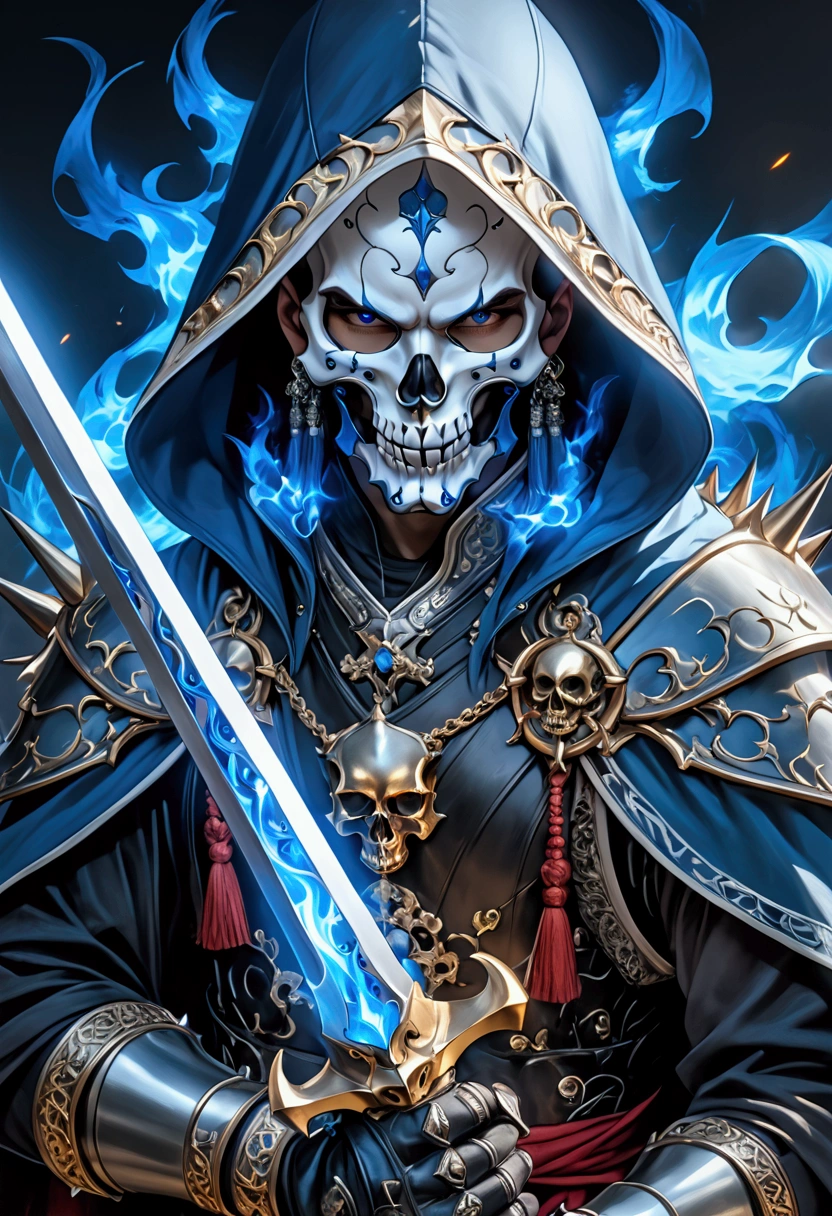 ha sang,1boy,skull mask,armor,male focus,solo,weapon,sword,spikes,looking at viewer,blue_fire,cloak,hood up,holding,(masterpiece), (best quality), HDR, intricate detail,