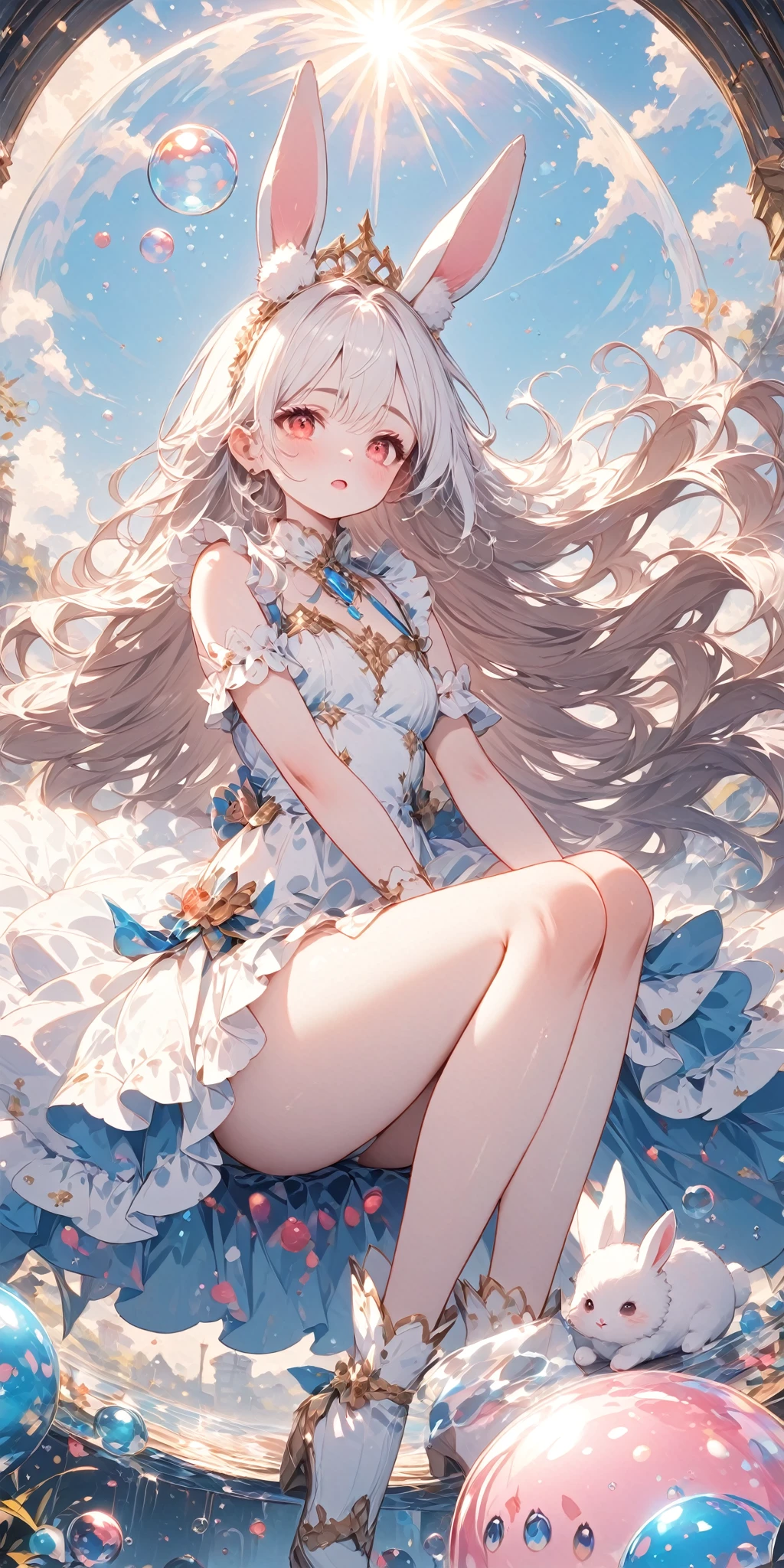 solo,1girl\((chibi:1.3),cute,kawaii,(white hair:1.7),(very long hair:1.7),bangs,(ear\(fluffy white bunny-ear\):1.4),(red eye),big eye,beautiful shiny eye,(((skin color white))),big hairbow,(white dress:1.3), (sit on (bubble:1.3)\(huge,gigantic,beautiful,shining in vivid cosmic color,(transparent:1.3),(float in sky high:1.4)\):1.5) \). BREAK .background\(night sky,stars, calescent-moon\). BREAK .quality\(8k,wallpaper of extremely detailed CG unit, high resolution, top-quality, top-quality real texture skin, hyper realistic, increase the resolution, RAW photos, best quality, highly detailed, the wallpaper, golden ratio, high saturation realism, vibrant colors, dramatic lighting, persuasive storytelling, atmospheric scenery, captivating visuals, intricate details, strong emotions, dreamlike world\),(from below),(longshot:1.3),(dynamic angle:1.2),(landscape)