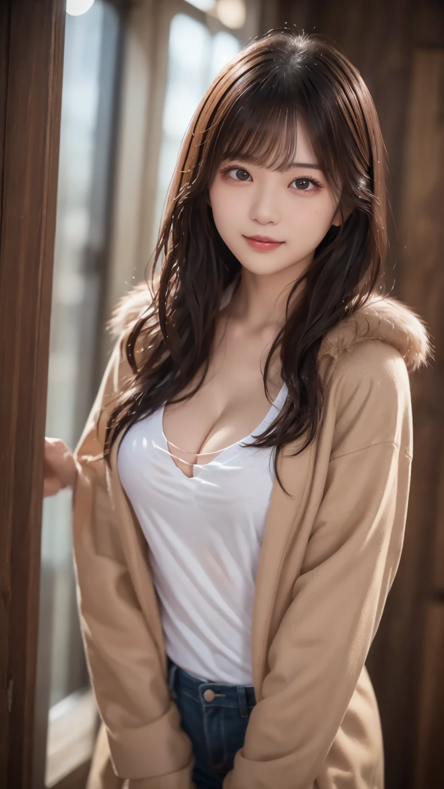 (Wear a T-shirt inner layer and a thick fur coat : 1.4), beautiful目, Idol, (Curly black hair  : 1.4), ( Delicate and realistic hair, 1 1 Realistic Hair), bangs,  natural colored lips, smile, ((white indoor)), indoor, ( 18 year old female  : 1. 2),  young and adorable Japanese face,  Official Art,  high definition  CG Unity 8k 壁紙, (masterpiece: 1.0) , ( best quality: 1. 0), ( best quality: 1. 0), Ultra  high definition ,4K, Very detailed,  unvolume ,8k, NFSD, high definition , Kodak Portrait 400, Film Grain, lens flare グロー, best quality,8k, NFSD:1. 2),  as a portrait shot,8k, Show viewer , ((masterpiece)), (( best quality)), ( super detailed), ((cute)), (Nice), (( sexy)), (( Very detailedな)), (detailed clothing features), 4K, (8k), (beautiful), Illustration, beautiful日本人の女性, ((1 female)), beautiful black hair, (Long Hair:1.2), ((beautiful eyes)),  lens flare, (((Front View))), ((facing))、(Bold Cleavage : 1.3)、 (Tight chest : 1.3)