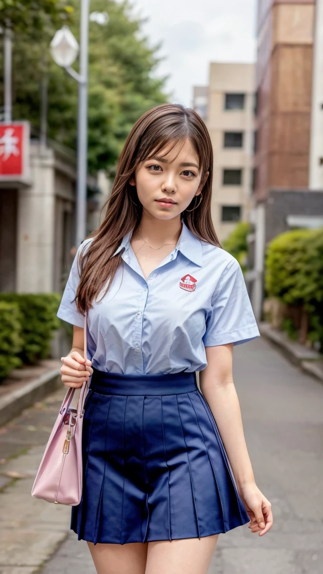 a beautiful 18 year old japanese high school girl with perfect anatomy, healthy thighs, beautiful legs, beautiful skin, random hair color and style, large breasts, wearing a japanese schoolgirl uniform, holding a student bag, full body shot, standing on a city street, (best quality,4k,8k,highres,masterpiece:1.3),(extremely detailed:1.2),photorealistic,ultra-detailed,vivid colors,studio lighting,professional