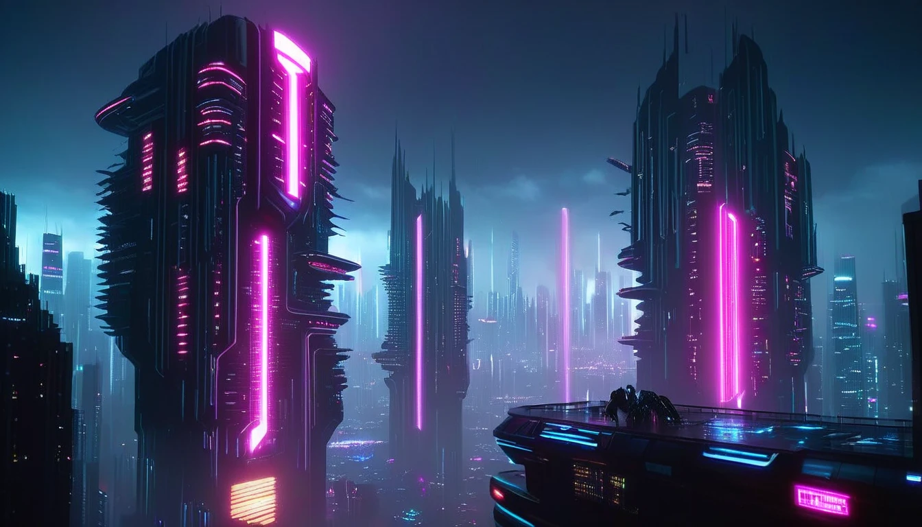 Create a dystopian cyberpunk cityscape with a dark and moody atmosphere. In the foreground, depict a massive, hovering futuristic machine with glowing lights and intricate details. The city in the background should feature tall, ominous skyscrapers with neon lights in shades of pink and blue. The sky should be filled with dark clouds and a pinkish glow, enhancing the eerie and futuristic feel. The word 'INERTIA' should be prominently displayed in the center of the image, with a sleek, modern font. The overall mood should be intense, futuristic, and visually striking, perfect for an album cover or promotional material.