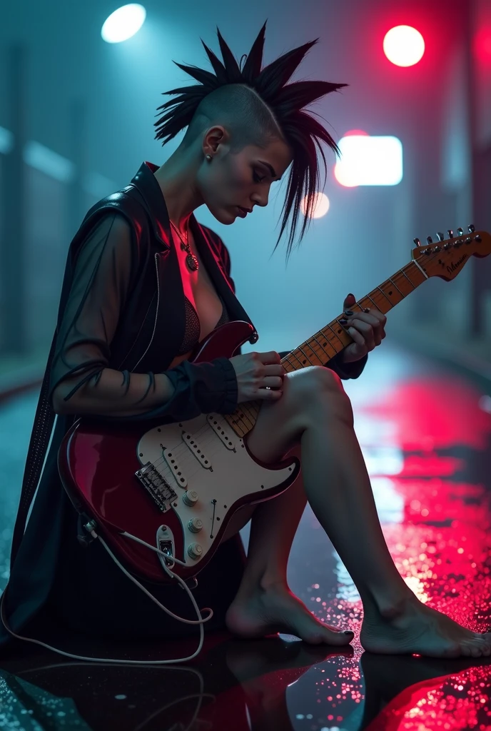  dark suburbs  , rain, fog, Neon,  skinny woman naked  ,  long black transparent coat ,  black pubic hair , black mohawk haircut , barefoot, black nails, smoke, searchlight,  sits with her legs wide apart, hugged the guitar ,  eyes closed, toes, empty club ,  tattoo , Legs wide