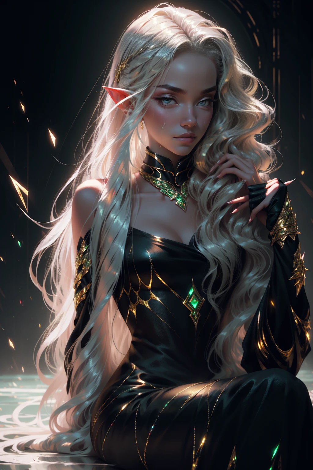 {-erro_de_anatomia:1.0} elf, she has very long hair, flowing white hair (waves) and pale, almost ethereal skin. Her eyes are a deep yellow, giving her an otherworldly appearance. She dresses in flowing robes of dark golden and green, often adorned with symbols of the occultism, sexy, sitting, backwards, looking back