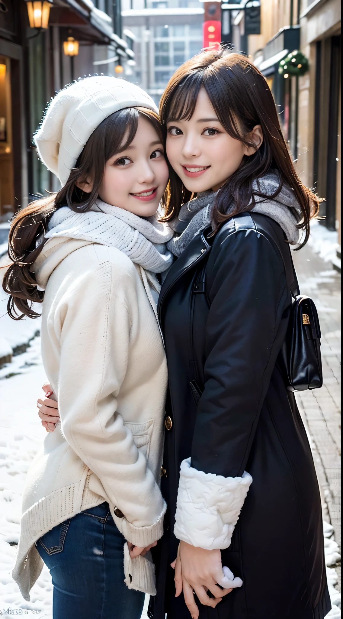 ( best quality, masterpiece, photorealistic, super detailed , ultra high resolution, born:1.3), ( 4X-UltraSharp ), (2girls, , Japanese), Big Breasts, (Smile), (Down coat、 yarn cap 、Woolen scarf:1.2), (Embrace each other)、bangs, Long Hair, from side, (Smile)、(Christmas street corner covered with snow)