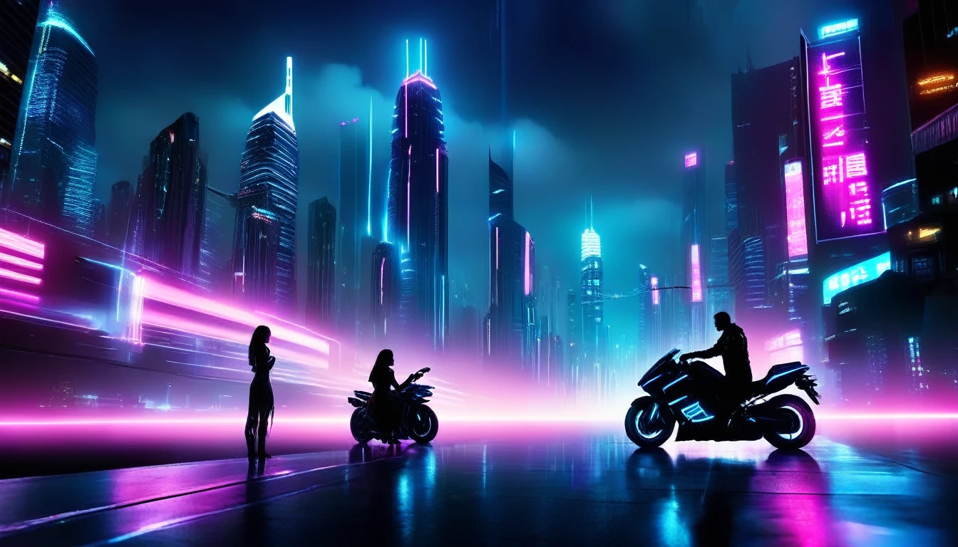 Create a neon-lit cyberpunk cityscape at night with towering skyscrapers and vibrant blue and pink hues. In the foreground, depict a silhouetted couple standing near a futuristic motorcycle, gazing at the city's skyline. The scene should be atmospheric, with glowing lights and reflections on the ground, capturing a sense of futuristic romance and mystery. The overall mood should be cool, futuristic, and visually striking, perfect for a music cover or promotional material.