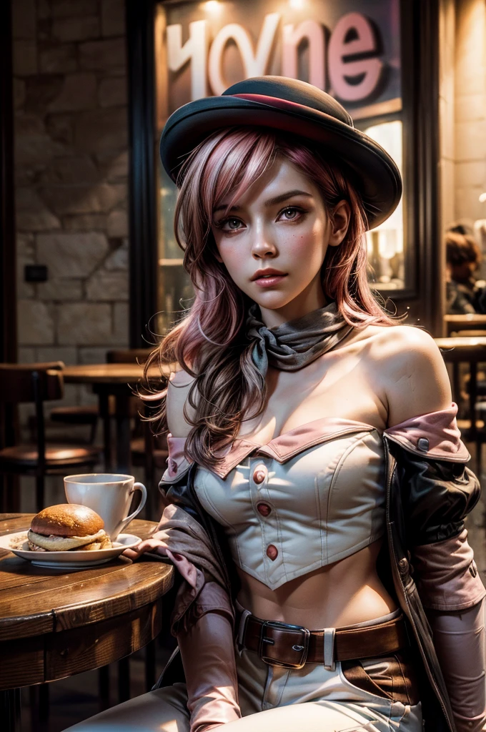 pink and brown hair, multicolored hair, neopolitanatlas, bowler hat, grey scarf, white gloves, white shirt, off-shoulder shirt, black sleeves, midriff, white belt, white pants, sitting at table in Manhattan street , crowd, night, stars, cowboy shot, masterpiece, heart shaped face, elegant face, beautiful face, highly detailed cafe, face, highly detailed skin, skin pores, subsurface scattering, realistic pupils, looking at viewer, full lips, detailed background, depth of field, atmospheric perspective, volumetric lighting, sharp focus, absurdres, realistic proportions, good anatomy, (realistic, hyperrealistic:1.4), 16k hdr,