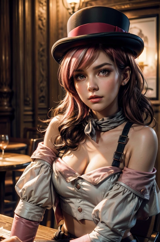 pink and brown hair, multicolored hair, neopolitanatlas, bowler hat, grey scarf, white gloves, white shirt, off-shoulder shirt, black sleeves, midriff, white belt, white pants, sitting at table in Manhattan street , crowd, night, stars, cowboy shot, masterpiece, heart shaped face, elegant face, beautiful face, highly detailed cafe, face, highly detailed skin, skin pores, subsurface scattering, realistic pupils, looking at viewer, full lips, detailed background, depth of field, atmospheric perspective, volumetric lighting, sharp focus, absurdres, realistic proportions, good anatomy, (realistic, hyperrealistic:1.4), 16k hdr,