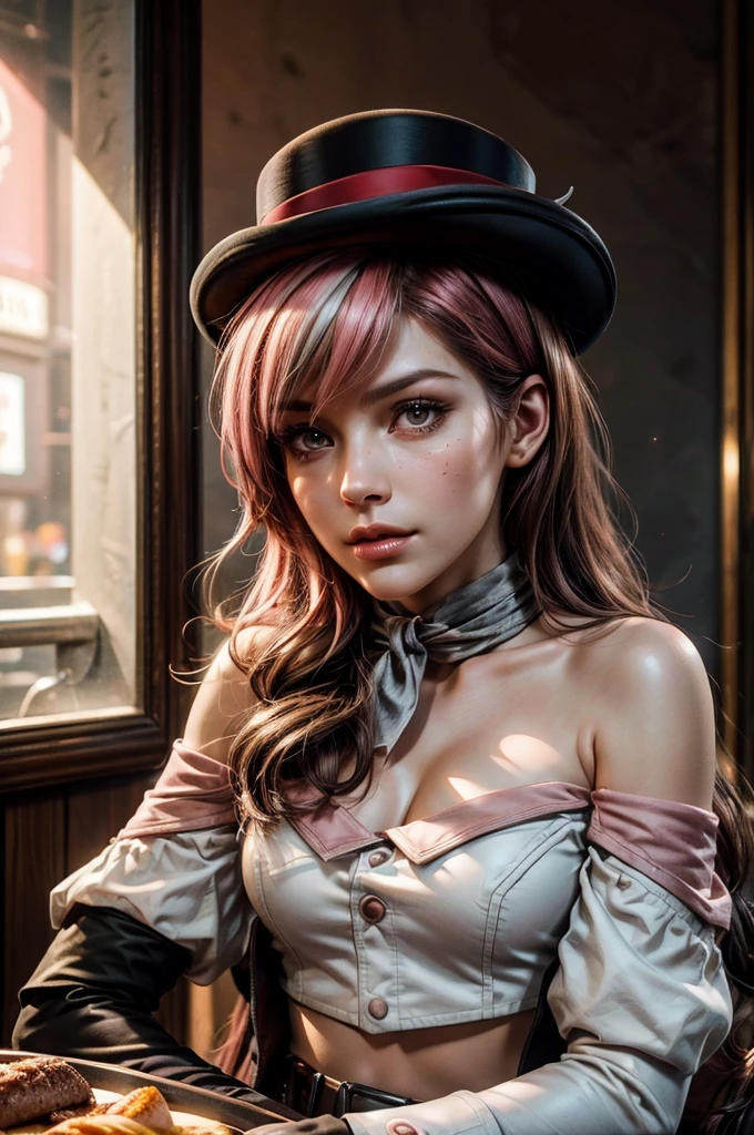 pink and brown hair, multicolored hair, neopolitanatlas, bowler hat, grey scarf, white gloves, white shirt, off-shoulder shirt, black sleeves, midriff, white belt, white pants, sitting at table in Manhattan street , crowd, night, stars, cowboy shot, masterpiece, heart shaped face, elegant face, beautiful face, highly detailed cafe, face, highly detailed skin, skin pores, subsurface scattering, realistic pupils, looking at viewer, full lips, detailed background, depth of field, atmospheric perspective, volumetric lighting, sharp focus, absurdres, realistic proportions, good anatomy, (realistic, hyperrealistic:1.4), 16k hdr,