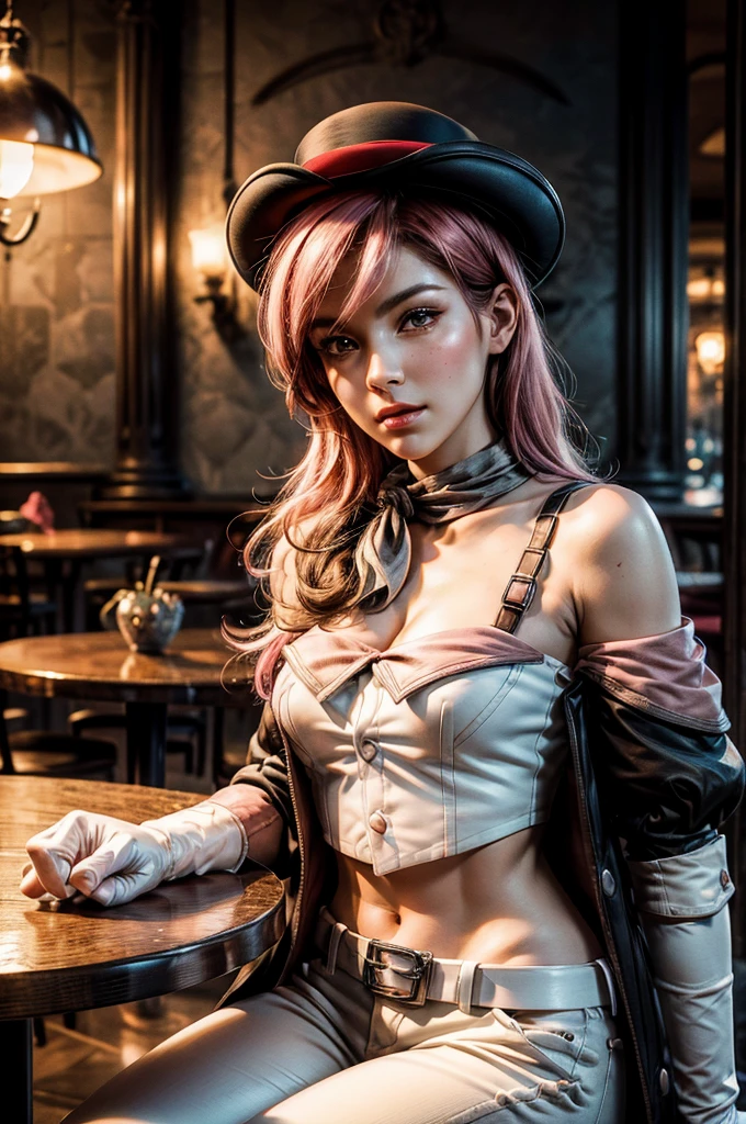 pink and brown hair, multicolored hair, neopolitanatlas, bowler hat, grey scarf, white gloves, white shirt, off-shoulder shirt, black sleeves, midriff, white belt, white pants, sitting at table in Manhattan street , crowd, night, stars, cowboy shot, masterpiece, heart shaped face, elegant face, beautiful face, highly detailed cafe, face, highly detailed skin, skin pores, subsurface scattering, realistic pupils, looking at viewer, full lips, detailed background, depth of field, atmospheric perspective, volumetric lighting, sharp focus, absurdres, realistic proportions, good anatomy, (realistic, hyperrealistic:1.4), 16k hdr,