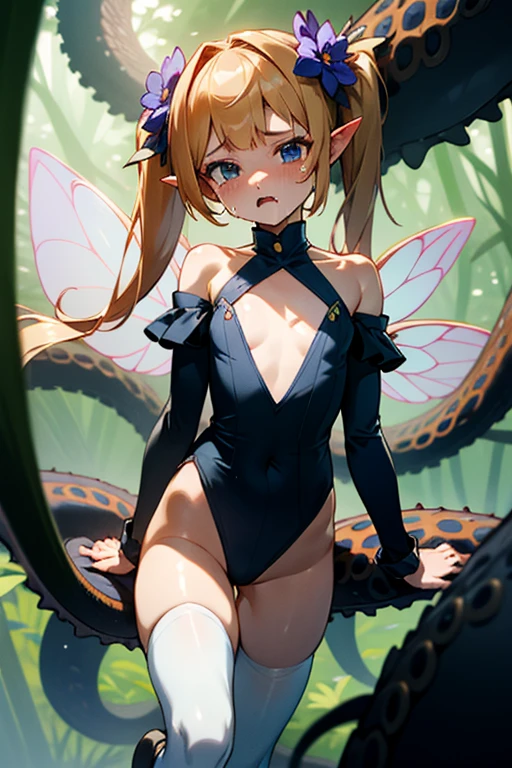  (( masterpiece:1.4,  best quality ))+, ( ultra detailed )+, Silver Hair,  light blond long twin tails , ( white thigh stockings ),  cute girl ,Blue clothes, (flat chest:1.3), 1 Fairy Girl, Off-Shoulder-Pullover, a fairy, Fairy Girl, winged elf girl, Girl Fairy,  different types of insect wings ,  Small breasts   (flat chest:1.3),  Not suitable for work，tentacle-like tendrils, mit tentaclesn bedeckt, von tentaclesn umschlungen, tentacles um den Körper, viele tentacles, von tentaclesn gefangen, von tentaclesn gefesselt, von tentaclesn gefangen, Fine details，tentacles，Mit tentaclesn gefesselt, wandernde tentaclesn, Drooling ，Cry，horrified expression, panic, fight for survival, helplessness,  detailed body，Whole limbs， Not suitable for work, be drawn into a flower, wild environment, , frightening floral surroundings, Terrible Nature, Raubflora, Fairy catcher, Fairy catcher, Fairy catcher plant, tentacle-like tendrils, Fairy catcher-plant, Fairy catcher flower, tentacle-like tendrils, Fairy catcher-flower inspired by carnivorous plants; a plant,  which occupies the same evolutionary niche as a spider 