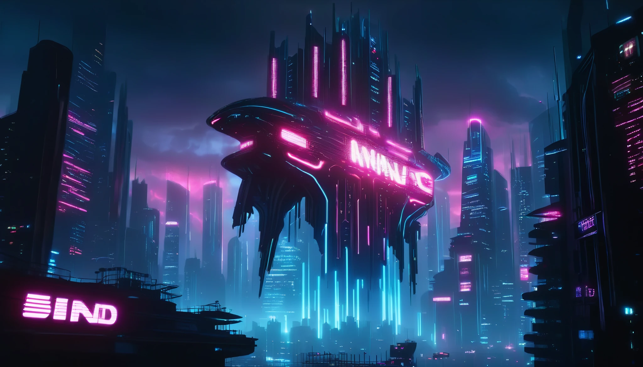 Create a dystopian cyberpunk cityscape with a dark and moody atmosphere. In the foreground, depict a massive, hovering futuristic machine with glowing lights and intricate details. The city in the background should feature tall, ominous skyscrapers with neon lights in shades of pink and blue. The sky should be filled with dark clouds and a pinkish glow, enhancing the eerie and futuristic feel. The word 'INERTIA' should be prominently displayed in the center of the image, with a sleek, modern font. The overall mood should be intense, futuristic, and visually striking, perfect for an album cover or promotional material.