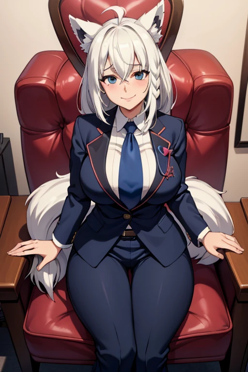 ((  best quality)), ((masterpiece)), ( super detailed),((business suit)),((Pants)), ( mansuji),mother, Mature Woman,50 years old,(tie), office,chair,sit, crosses legs,((Hearts in your eyes)),smile,