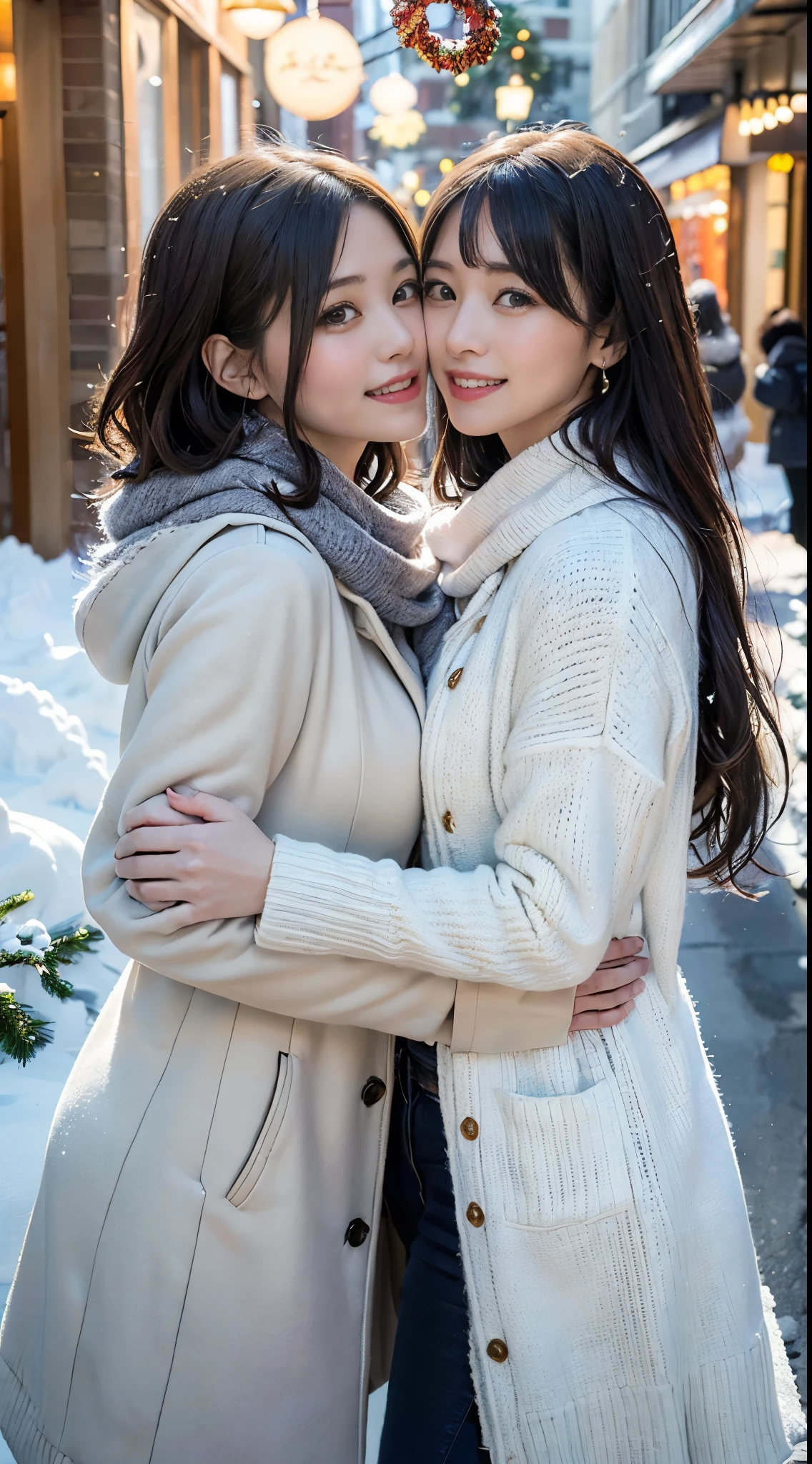 ( best quality, masterpiece,   photorealistic,   super detailed ,  ultra high resolution, born:1.3), ( 4X-UltraSharp ), (2girls, , Japanese), Big Breasts, (Smile),  (Down coat、 yarn cap 、Woolen scarf:1.2), (Embrace each other)、bangs, Long Hair, from side, (Trying to kiss)、(Christmas street corner covered with snow)、 Christmas decorations 、 christmas tree