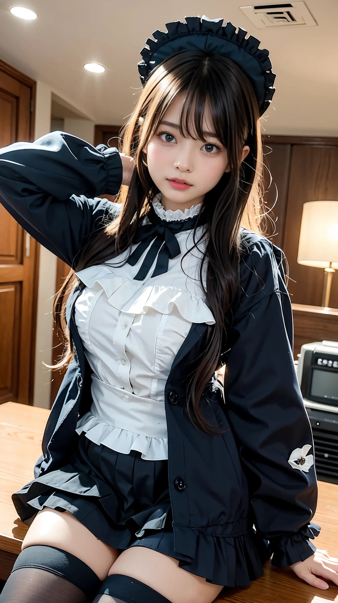 Female Anime Characters in Uniforms, black-white skintight robes!, !!Full body portrait!!, Tifa, cellshading!!!, Kantai Collection Style, full body commission for, Tifa Lockhart, cel - shaded art style, twintails white_gloves, anya from spy x family, maid clothes, anime moe art style、masutepiece, of the highest quality, Best Quality, Beautiful and aesthetic:1.2), Ultra-detailed, Huge breasts, wide hips, Skirt, young adult, 1 girl, Alone, takeda hiromitsu style, Alibaster Skin, Looking at Viewer, blush, slight pouting, Tsundere