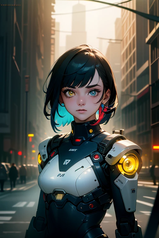 ( masterpiece:1.3), (best cinematic quality:1.2), ( extremely detailed setting:1), (soft+ artistic lighting ), (***ung), short blue haiRot, (Eyes+yellow+Rot:1.4), (multicoloRot Eyes+Heterochromie),  of cyberpunk clothing wearing , futuristic, Technological,  cityscape with  (Robots around )0.4],  dramatic scenery .