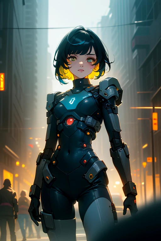 ( masterpiece:1.3), (best cinematic quality:1.2), ( extremely detailed setting:1), (soft+ artistic lighting ), (***ung), short blue haiRot, (Eyes+yellow+Rot:1.4), (multicoloRot Eyes+Heterochromie),  of cyberpunk clothing wearing , futuristic, Technological,  cityscape with  (Robots around )0.4],  dramatic scenery .