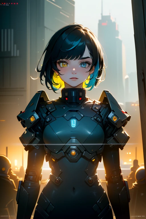 ( masterpiece:1.3), (best cinematic quality:1.2), ( extremely detailed setting:1), (soft+ artistic lighting ), (***ung), short blue haiRot, (Eyes+yellow+Rot:1.4), (multicoloRot Eyes+Heterochromie),  of cyberpunk clothing wearing , futuristic, Technological,  cityscape with  (Robots around )0.4],  dramatic scenery .