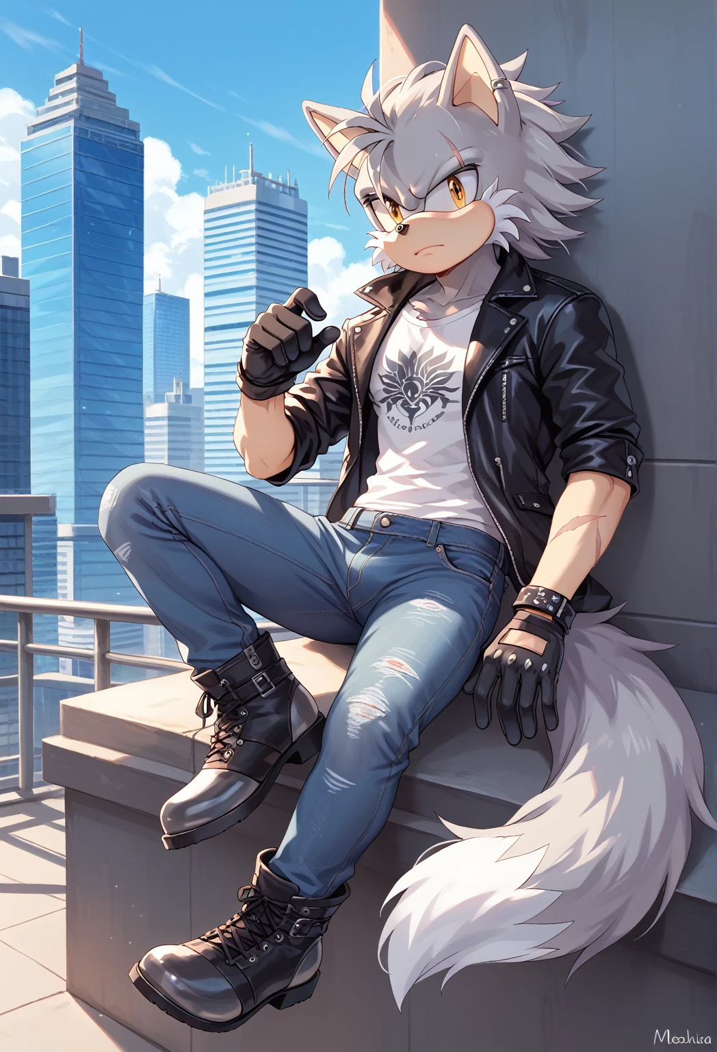 Male Wolf, ((Sonic character oc )), Male adult, ( silver fur in all body ), ( light gray inner ears ), (Alone), ( Short wild and messy hair ), City, scar near the left eye that crosses the left eye diagonally, wears a white T-shirt, closed black leather jacket, black gloves with cut toes Jeans and boots, yellow Eyes, Day time, ((mobian)), moebius, (Fluffy Fur), Large Fluffy Tail, serious and sexy pose 