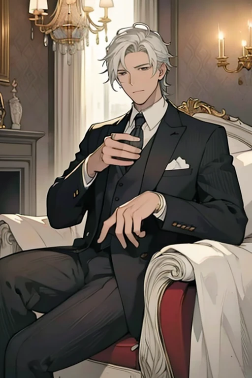 a wolf man with graphite colored fur, chocolate colored eyes, wearing an elegant white suit with pocket watch on his waistcoat, wearing a ring on her little finger, holding a glass of whiskey, sitting in a leather armchair, camera angle from bottom to top diagonally